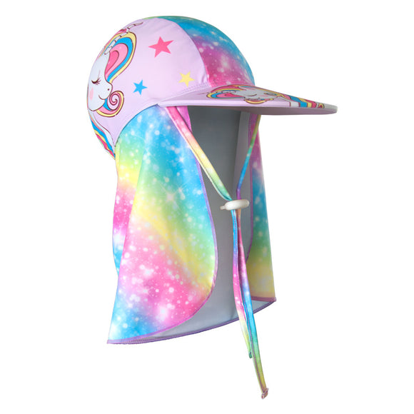 2-Pack Girls' Sun Protection Swim Cap Set - Cute Cartoon Rainbow Horse Pattern, Quick Dry Nylon Swimming & Wading Hat