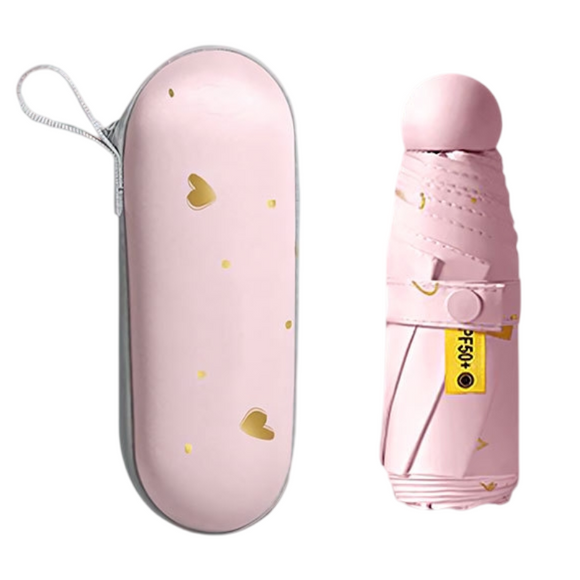 2-Pack Pink Ultra-Compact 5-Fold Waterproof All-Weather Umbrella for Women - Heart Pattern, Black Glue UV Protection, 8-Rib Frame,  Portable Capsule Parasol