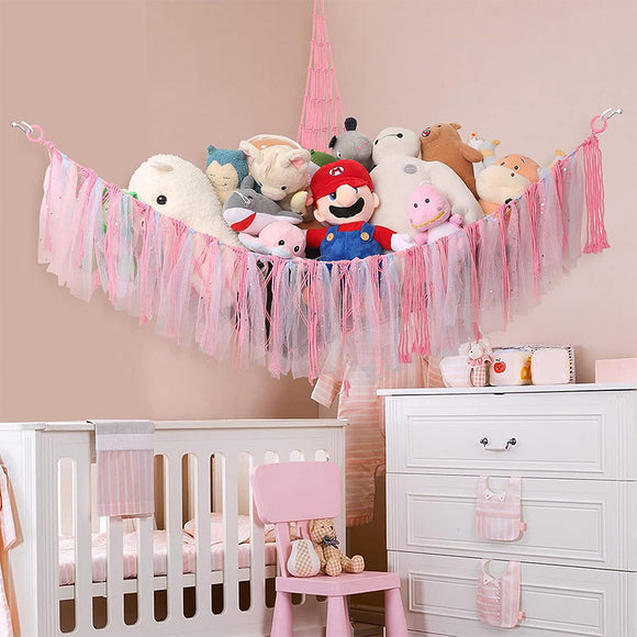 Pink Corner Plush Toy Organizer (100x100x150cm)  with Ribbon Accent & Installation Kit -  Handwoven Cotton Mesh Toy Storage Hammock