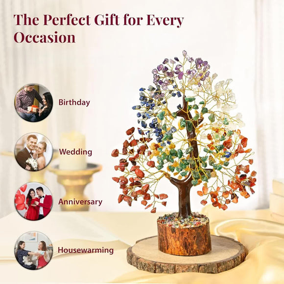 Purple Natural Crystal Hand-woven Gemstone Money Tree Ornament (H: 23 cm) - Wind-Soothing Healing Stone Tree of Life, Wooden Stump and Stone Base