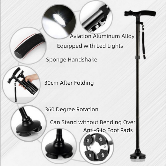 Folding LED Walking Cane with Dual Handle - Adjustable(88-98CM), Anti-Slip 4-Prong Base, and Stand-Up Function for Seniors