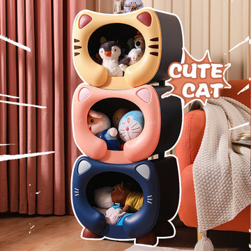 Yellow Cute Cat-Themed Stackable Storage Bin - Multi-purpose Pet Bed & Toy Organizer - 0