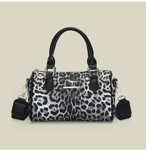 Black leopard print Stylish PU Leather Boston Bag - Elegant Retro Single Shoulder Crossbody Handbag for Women