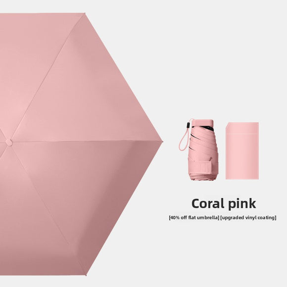 Coral pink Compact Mini Travel Umbrella UPF50+ UV Protection Waterproof 6-Fold Flat Design Lightweight Sun & Rain Parasol for Handbag