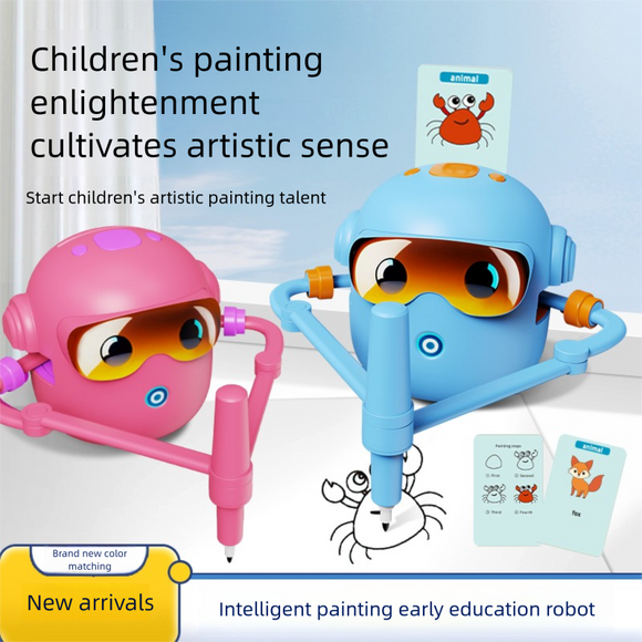 Blue Interactive Drawing Robot Educational Art Toy for Kids Smart Voice Guide Step-by-Step Painting Tutor with Cards