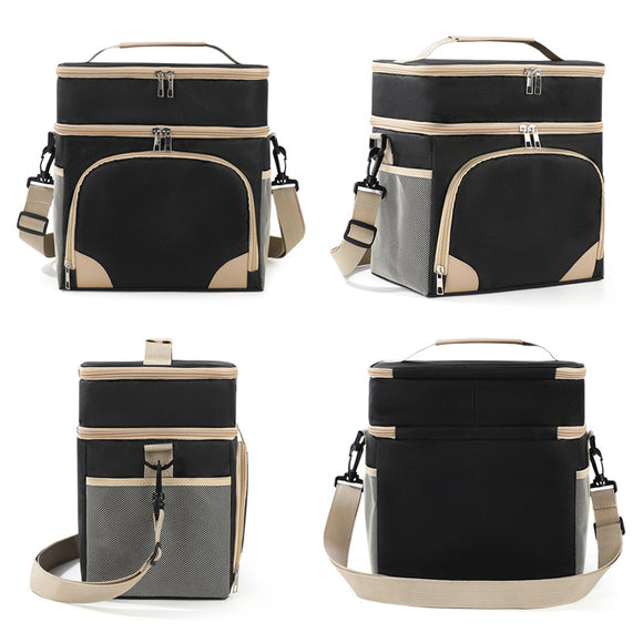 Black Dual Layer Insulated Lunch Bag 12L Large Capacity Cooler Tote with Adjustable Strap Leakproof Thermal Food Carrier for Work Picnic and Camping
