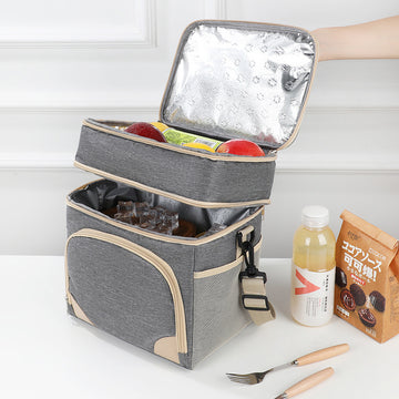 Grey Dual Layer Insulated Lunch Bag 12L Large Capacity Cooler Tote with Adjustable Strap Leakproof Thermal Food Carrier for Work Picnic and Camping - 0