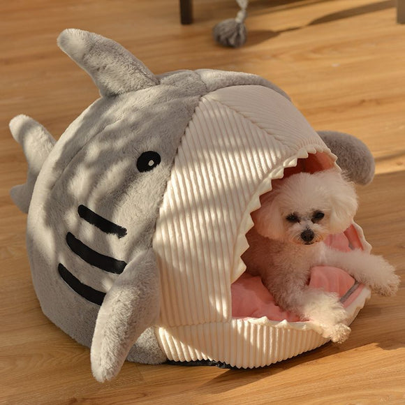 Novelty Shark Pet Cave Bed Enclosed Cozy Sleeping Nest for Cats and Small Dogs Soft Flannel Year Round Comfort Light Blue L Size