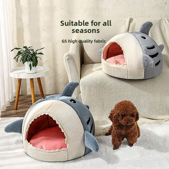 Novelty Shark Pet Cave Bed Enclosed Cozy Sleeping Nest for Cats and Small Dogs Soft Flannel Year Round Comfort Light Blue L Size