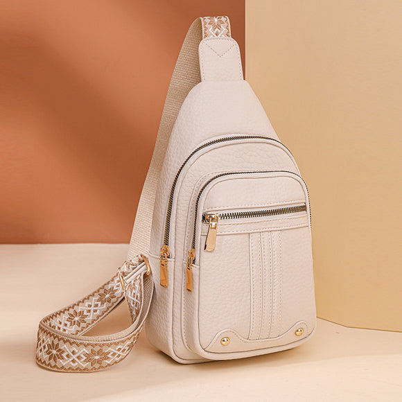 Women's Soft PU Leather Sling Bag Crossbody Chest Purse with Adjustable Boho Strap - Lightweight Multi-Pocket Shoulder Daypack for Travel & Daily Use - White