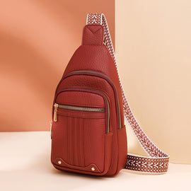 Women's Soft PU Leather Sling Bag Crossbody Chest Purse with Adjustable Boho Strap - Lightweight Multi-Pocket Shoulder Daypack for Travel & Daily Use - Red