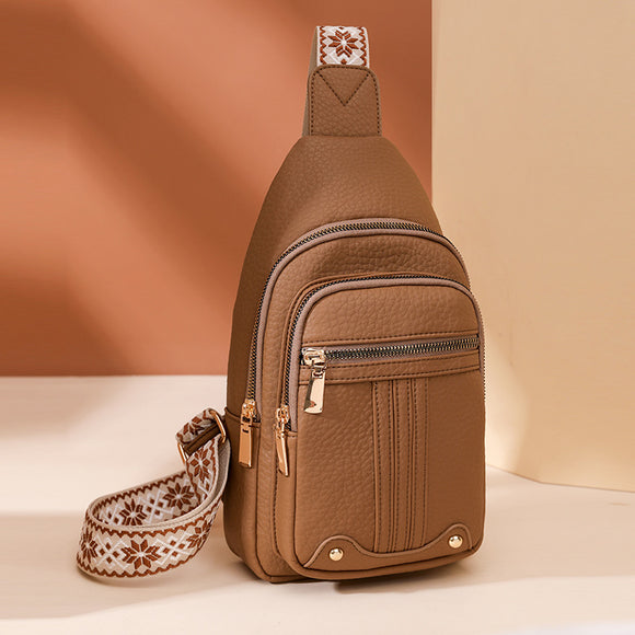 Women's Soft PU Leather Sling Bag Crossbody Chest Purse with Adjustable Boho Strap - Lightweight Multi-Pocket Shoulder Daypack for Travel & Daily Use - Khaki