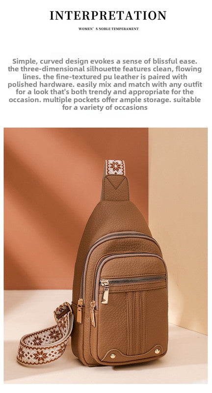 Women's Soft PU Leather Sling Bag Crossbody Chest Purse with Adjustable Boho Strap - Lightweight Multi-Pocket Shoulder Daypack for Travel & Daily Use - Black