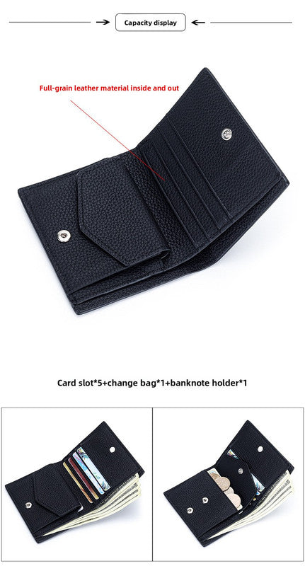 Women's Genuine Leather Bi-fold Wallet - Slim Short Purse with Coin Pocket & RFID Blocking - Soft Cowhide Minimalist Card Holder - Black