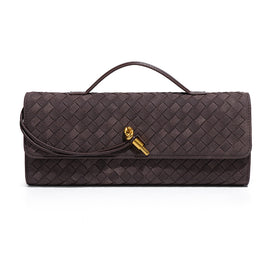 Retro Woven Baguette Handbag for Women Suede Texture PU Leather Shoulder Crossbody Bag Elegant Evening Clutch Coffee Brown