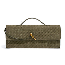 Retro Woven Baguette Handbag for Women Suede Texture PU Leather Shoulder Crossbody Bag Elegant Evening Clutch Olive green