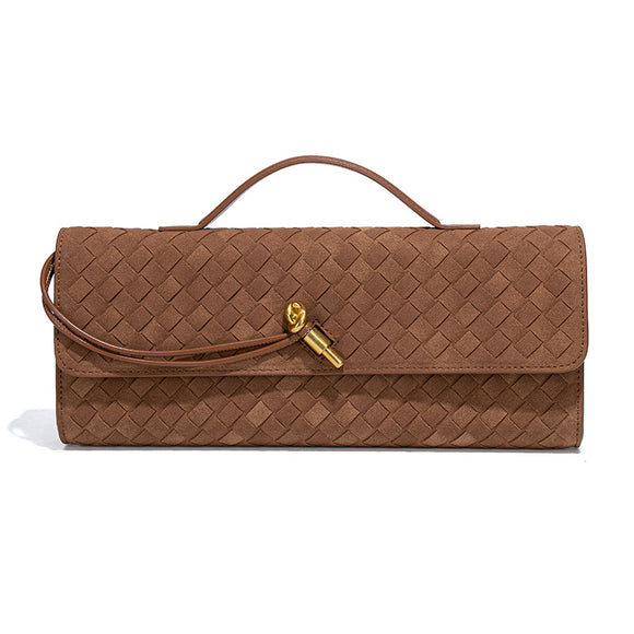 Retro Woven Baguette Handbag for Women Suede Texture PU Leather Shoulder Crossbody Bag Elegant Evening Clutch Brown