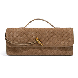 Retro Woven Baguette Handbag for Women Suede Texture PU Leather Shoulder Crossbody Bag Elegant Evening Clutch Khaki