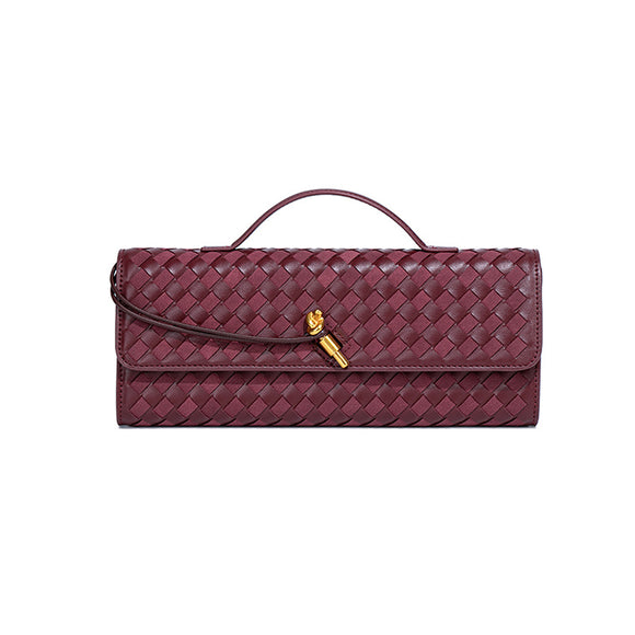 Retro Woven Baguette Handbag for Women Suede Texture PU Leather Shoulder Crossbody Bag Elegant Evening Clutch Burgundy