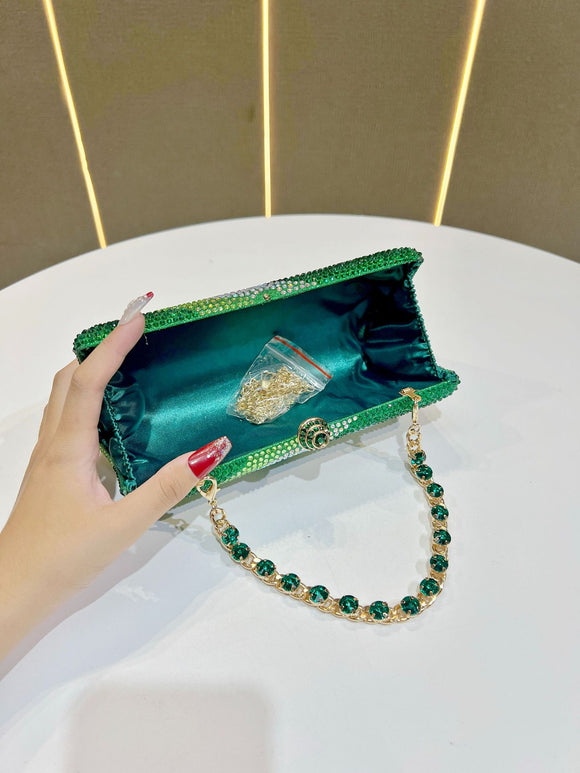 Luxury Green Rhinestone Evening Clutch Bag Women Crystal Sparkle Formal Purse with Chain Strap for Wedding Party Prom