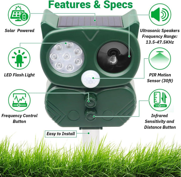 Model 704 Solar Powered Animal Repeller - High-Performance Ultrasonic & Optical Deterrent for Yard Protection