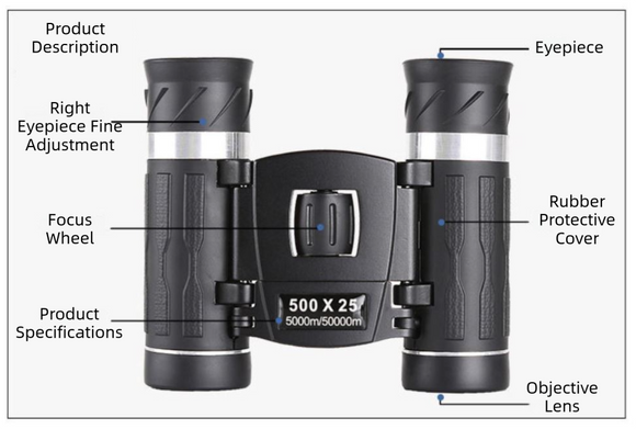 500x25 High Power HD Binoculars - Portable Concert Telescope with Phone Photography Capability, FMC Coated Optics