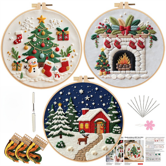Christmas Embroidery DIY Kit with 20CM Faux Bamboo Hoop - Nordic Style Cross Stitch Material Pack (Style 2)