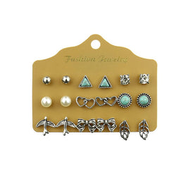 Alloy Stud Earring Set - 9 Pairs with Heart, Leaf & Turquoise Designs for Women