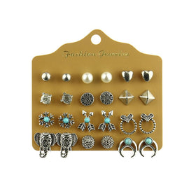 Alloy Stud Earring Set - 12 Pairs with Heart, Leaf & Turquoise Designs for Women