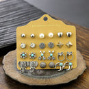 Alloy Stud Earring Set - 12 Pairs with Heart, Leaf & Turquoise Designs for Women-3