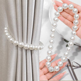 3 Pairs Magnetic Pearl Curtain Tiebacks（25cm） - No-Drill ABS Bead Holdback with Rhinestone Clasp