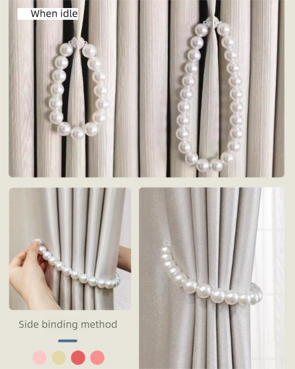 3 Pairs Magnetic Pearl Curtain Tiebacks（40cm） - No-Drill ABS Bead Holdback with Rhinestone Clasp