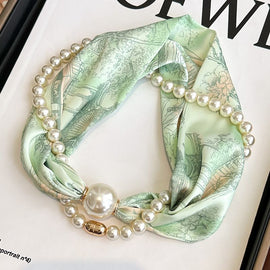 Light Green 2-in-1 Magnetic Pearl Scarf & Necklace Set - Floral Print Polyester Neck Wrap with Detachable Bead Chain
