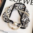 Black flowers 2-in-1 Magnetic Pearl Scarf & Necklace Set - Floral Print Polyester Neck Wrap with Detachable Bead Chain-1