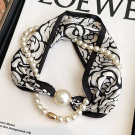 Black flowers 2-in-1 Magnetic Pearl Scarf & Necklace Set - Floral Print Polyester Neck Wrap with Detachable Bead Chain