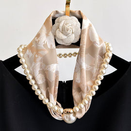 Black flowers 2-in-1 Magnetic Pearl Scarf & Necklace Set - Floral Print Polyester Neck Wrap with Detachable Bead Chain - 0