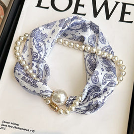 Blue porcelain pattern 2-in-1 Magnetic Pearl Scarf & Necklace Set - Floral Print Polyester Neck Wrap with Detachable Bead Chain