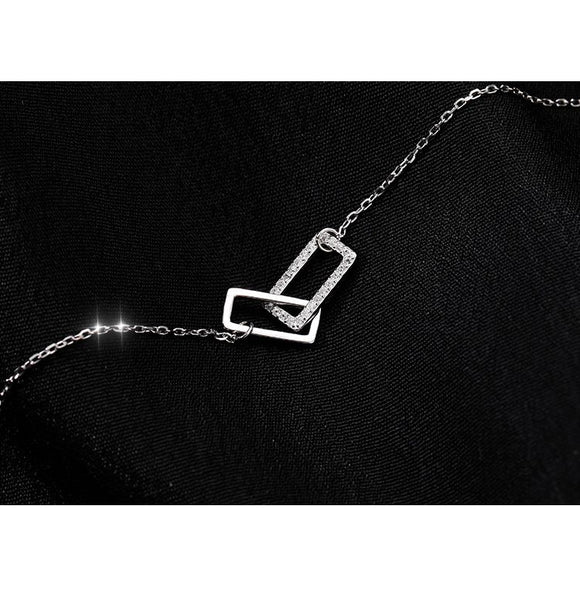 Silver Minimalist Double Rectangle Necklace – Geometric Zirconia Clavicle Chain with Adjustable Extender 