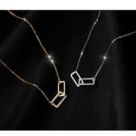 Silver Minimalist Double Rectangle Necklace – Geometric Zirconia Clavicle Chain with Adjustable Extender 