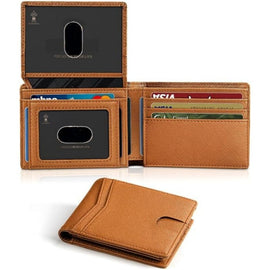 Brown Men's Vegan Leather Slim Trifold Wallet - RFID Blocking, Dual ID Windows & 15 Card Slots - Minimalist Gift for Business and Travel
