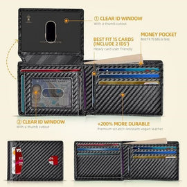 Black Men's Carbon Fiber Slim Trifold Wallet - RFID Blocking, Dual ID Windows & 15 Card Slots - Minimalist Gift for Business and Travel - 0