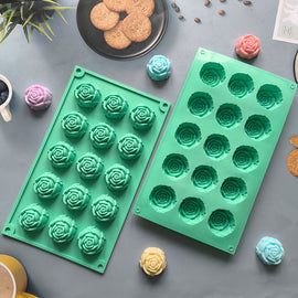 2PCS Green 3D Rose Shaped Silicone Baking Mold (15 Cavity) - Non-Stick Cake Chocolates & Jelly Pan - Durable Flexible Easy Release for Holiday Desserts - 0