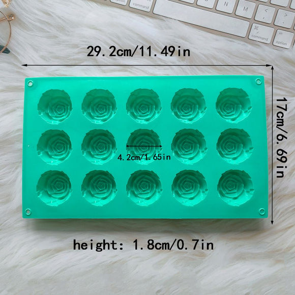 3PCS 3D Rose Shaped Silicone Baking Mold (15 Cavity, Pink + Blue + Green) - Non-Stick Cake Chocolates & Jelly Pan - Durable Flexible Easy Release for Holiday Desserts