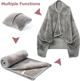 3-in-1 Envelope Folding Travel Blanket / Pillow / Wearable Snap-on Shawl - Soft Thickened 230GSM Flannel Nap Blanket for Airplane, Office and Home, Space Saving & Machine Washable, Coffee 40 x 60 inch - 0
