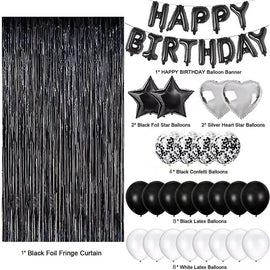 Black and White Premium Foil Balloon Party Kit – Happy Birthday Banner, 2 Star & 2 Heart Foil Balloons, 10 Confetti + 10 Pearl Latex Balloons, 2m Fringe Curtain & 10m Ribbon – Elegant, Easy Setup for Birthdays & Celebrations