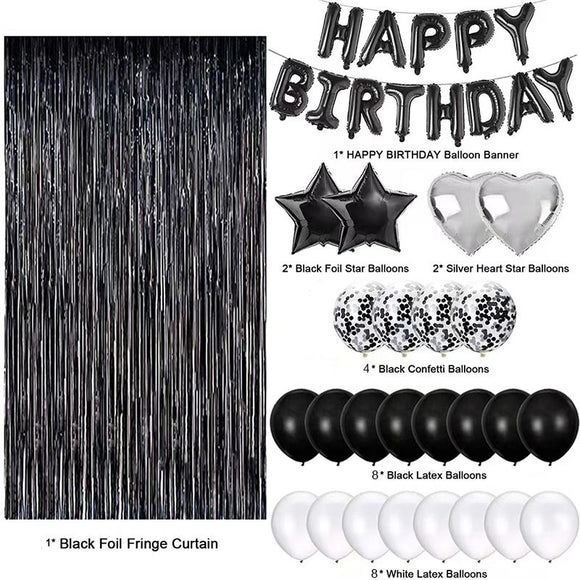 Black and White Premium Foil Balloon Party Kit – Happy Birthday Banner, 2 Star & 2 Heart Foil Balloons, 10 Confetti + 10 Pearl Latex Balloons, 2m Fringe Curtain & 10m Ribbon – Elegant, Easy Setup for Birthdays & Celebrations