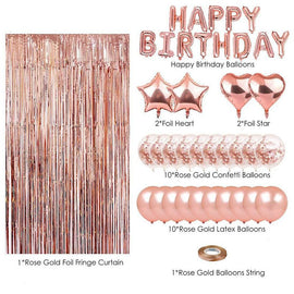 Black and White Premium Foil Balloon Party Kit – Happy Birthday Banner, 2 Star & 2 Heart Foil Balloons, 10 Confetti + 10 Pearl Latex Balloons, 2m Fringe Curtain & 10m Ribbon – Elegant, Easy Setup for Birthdays & Celebrations - 0