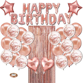Pink Premium Foil Balloon Party Kit – Happy Birthday Banner, 2 Star & 2 Heart Foil Balloons, 10 Confetti + 10 Pearl Latex Balloons, 2m Fringe Curtain & 10m Ribbon – Elegant, Easy Setup for Birthdays & Celebrations