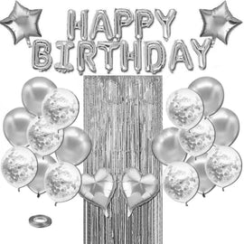 Silvery Premium Foil Balloon Party Kit – Happy Birthday Banner, 2 Star & 2 Heart Foil Balloons, 10 Confetti + 10 Pearl Latex Balloons, 2m Fringe Curtain & 10m Ribbon – Elegant, Easy Setup for Birthdays & Celebrations