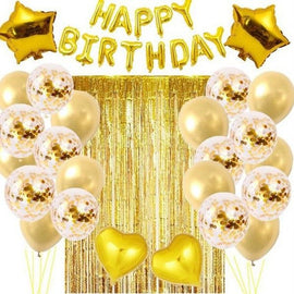 Golden Premium Foil Balloon Party Kit – Happy Birthday Banner, 2 Star & 2 Heart Foil Balloons, 10 Confetti + 10 Pearl Latex Balloons, 2m Fringe Curtain & 10m Ribbon – Elegant, Easy Setup for Birthdays & Celebrations
